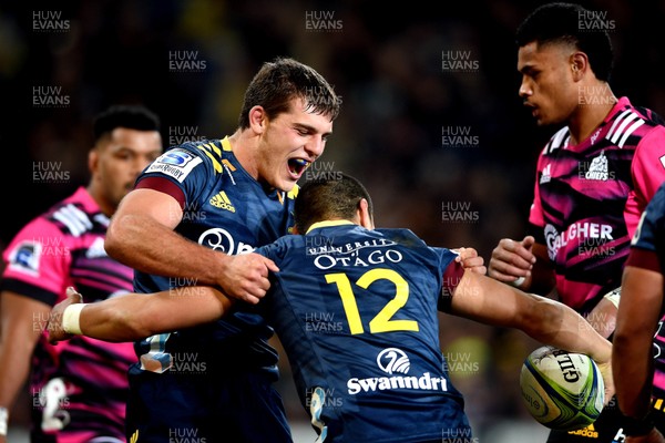 130620 - Highlanders v Chiefs - Dillon Hunt of the Highlanders celebrates with Patelesio Tomkinson after his try
