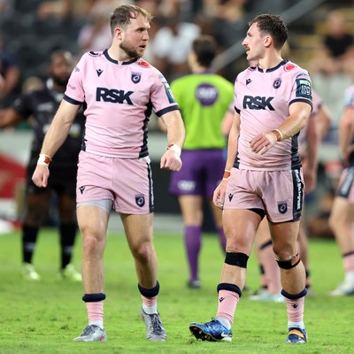 270326 - Hollywoodbets Sharks v Cardiff Rugby, United Rugby Championship - Ioan Lloyd and Harri Millard of Cardiff