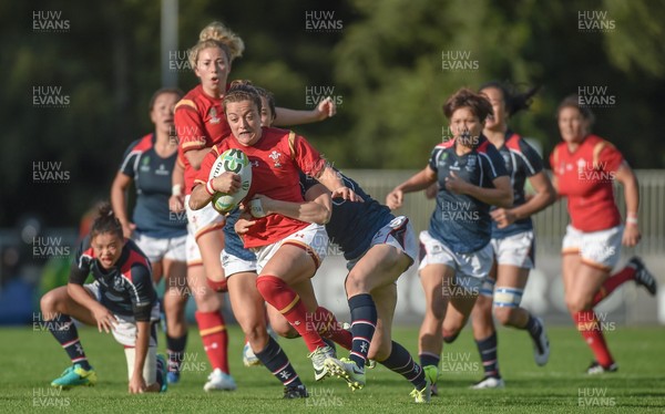 Hong Kong v Wales - 2017 Women's Rugby World Cup Pool A - Elen Evans of Wales is tackled by Adrienne Garvey of Hong Kong