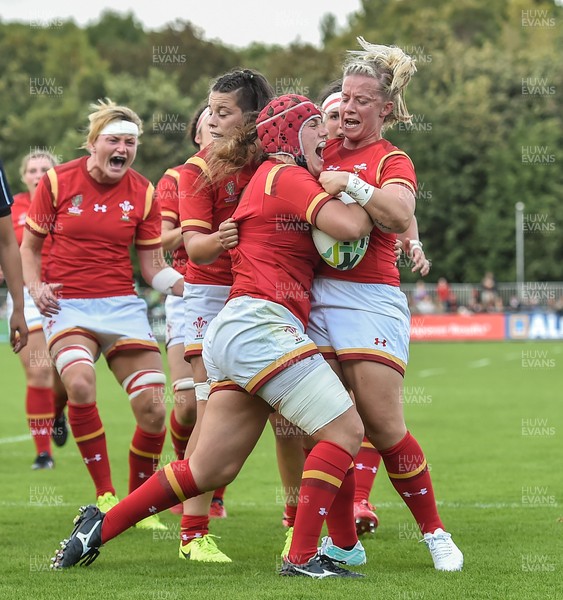 Hong Kong v Wales - 2017 Women's Rugby World Cup Pool A - Carys Phillips captain of Wales celebrates with her team-mates Sioned Harries and Sian Moore after she scored a try against Hong Kong