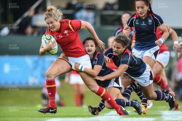 Hong Kong v Wales - 2017 Women's Rugby World Cup Pool A - Dyddgu Hywel of Wales is tackled by Jessica Ho and Natasha Olson-Thorne of Hong Kong