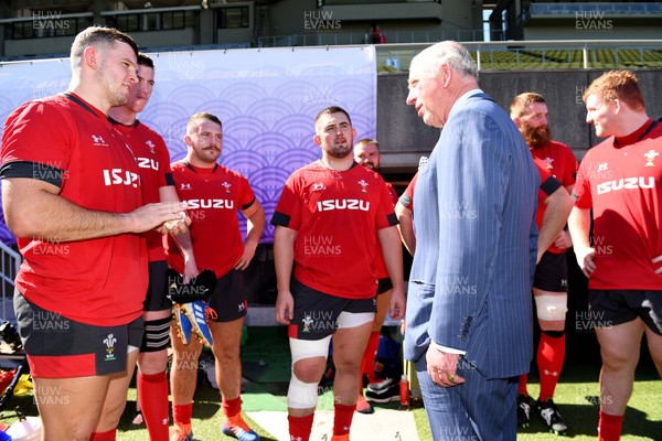 231019 - Wales Rugby Training - HRH Prince of Wales meets (L-R) Elliot Dee, Adam Beard, Dillon Lewis, Wyn Jones, Tomas Francis, Jake Ball and Rhys Carre during Wales training