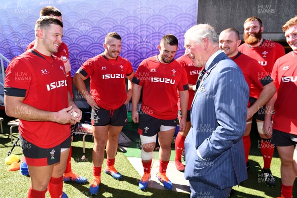 231019 - Wales Rugby Training - HRH Prince of Wales meets (L-R) Elliot Dee, Adam Beard, Dillon Lewis, Wyn Jones, Ken Owens, Jake Ball and Rhys Carre during Wales training