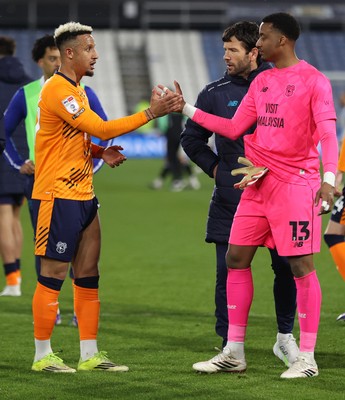 140426 - Huddersfield Town v Cardiff City - Sky Bet League 1 - Manager Brian Barry-Murphy of Cardiff and Goalkeeper Nathan Trott of Cardiff at the end of the match with Callum Robinson of Cardiff