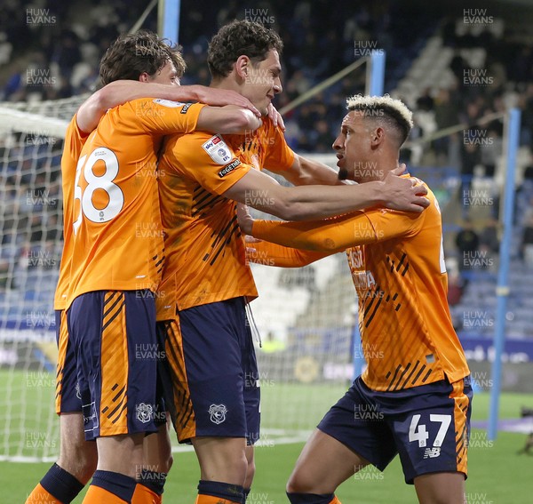 140426 - Huddersfield Town v Cardiff City - Sky Bet League 1 - Yousef Saleh of Cardiff celebrates scoring the equaliser in the fifth minute of injury time at the end of the match, with Perry Ng of Cardiff and assist Callum Robinson of Cardiff