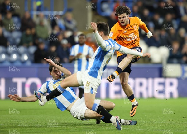 140426 - Huddersfield Town v Cardiff City - Sky Bet League 1 - Ollie Tanner of Cardiff and Sean Roughen of Huddersfield and Cameron Humphreys of Huddersfield