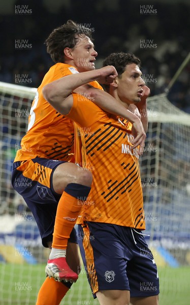 140426 - Huddersfield Town v Cardiff City - Sky Bet League 1 - Yousef Saleh of Cardiff celebrates scoring the equaliser in the fifth minute of injury time at the end of the match with Perry Ng of Cardiff on top