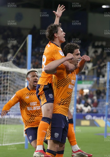140426 - Huddersfield Town v Cardiff City - Sky Bet League 1 - Yousef Saleh of Cardiff celebrates scoring the equaliser in the fifth minute of injury time at the end of the match with Perry Ng of Cardiff on top and Callum Robinson of Cardiff