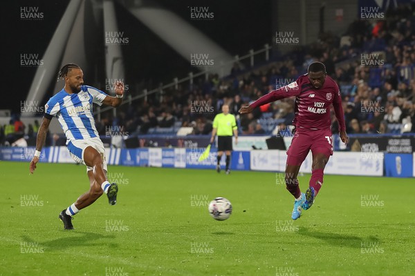241022 - Huddersfield Town v Cardiff City - Sky Bet Championship - Jamilu Colins puts a cross in for Cardiff