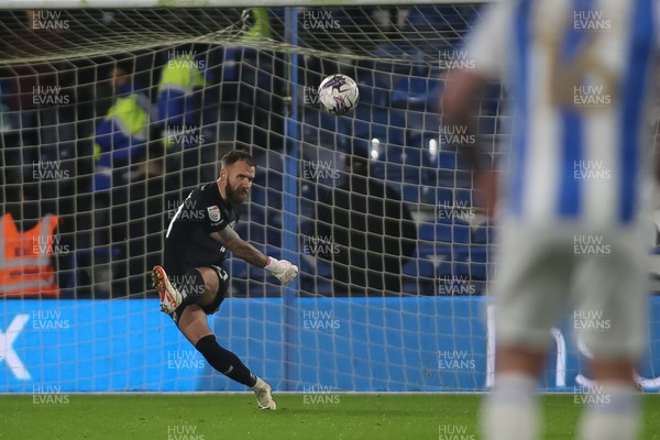 241022 - Huddersfield Town v Cardiff City - Sky Bet Championship - Jak Alnwick clears the ball 