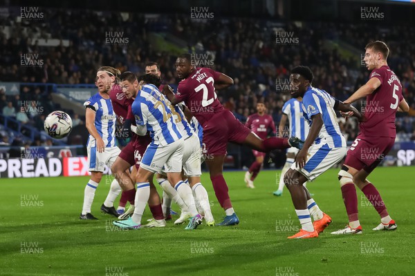 241022 - Huddersfield Town v Cardiff City - Sky Bet Championship -Yakou Meite watches his header go towards goal 