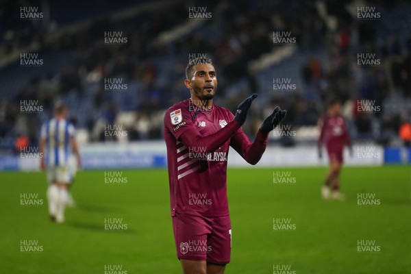 241022 - Huddersfield Town v Cardiff City - Sky Bet Championship - Karlan Grant applauds the Cardiff fans 