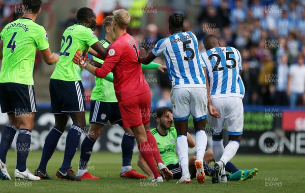 250818 - Huddersfield Town v Cardiff City - Premier League - Players crowd around Harry Arter of Cardiff City