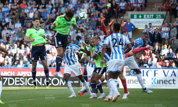 250818 - Huddersfield Town v Cardiff City - Premier League - Sean Morrison of Cardiff City header narrowly misses the goal