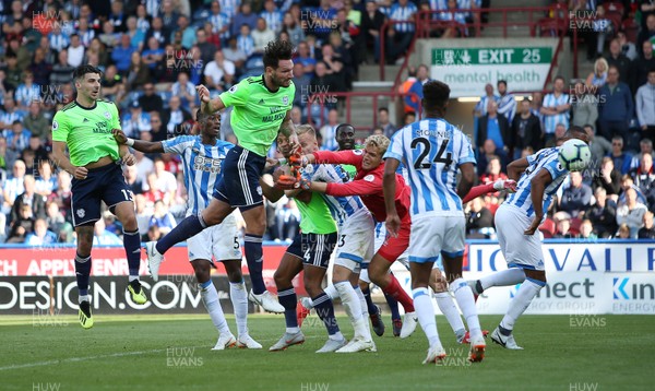 250818 - Huddersfield Town v Cardiff City - Premier League - Sean Morrison of Cardiff City header narrowly misses the goal