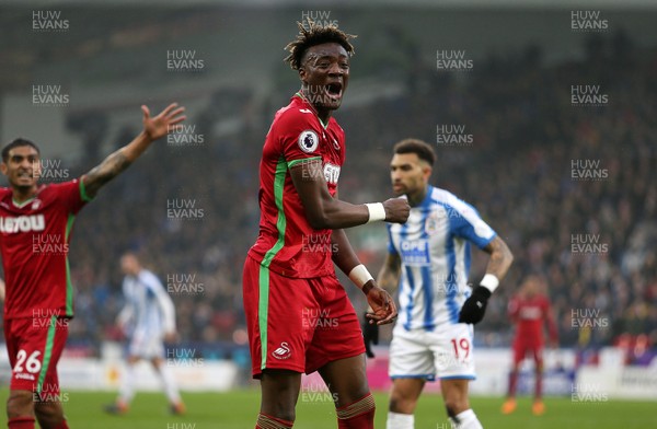 100318 - Huddersfield Town v Swansea City - Premier League - Tammy Abraham of Swansea shows his frustrated towards the linesman
