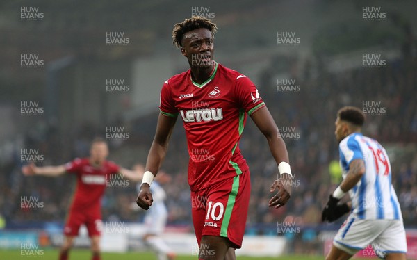 100318 - Huddersfield Town v Swansea City - Premier League - Tammy Abraham of Swansea shows his frustrated towards the linesman