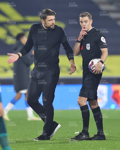121122 - Huddersfield Town v Swansea City - Sky Bet Championship - Head Coach Russell Martin  of Swansea has words with the referee Ben Toner at the end of the match