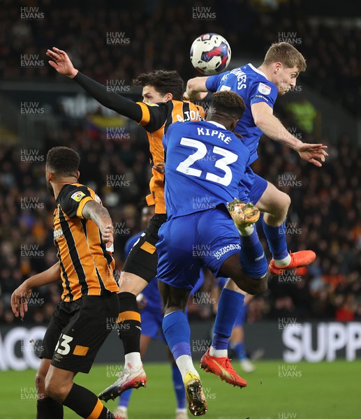 040223 - Hull City v Cardiff City - Sky Bet Championship -Cedric Kipre of Cardiff and Mark McGuinness of Cardiff in goalmouth tussle 