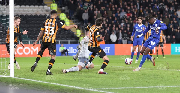 040223 - Hull City v Cardiff City - Sky Bet Championship - Sory Kaba of Cardiff tries a shot on goal but does a bit of an air kick and the ball goes over the top of posts