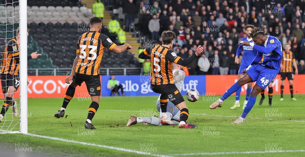 040223 - Hull City v Cardiff City - Sky Bet Championship - Sory Kaba of Cardiff tries a shot on goal but does a bit of an air kick and the ball goes over the top of posts