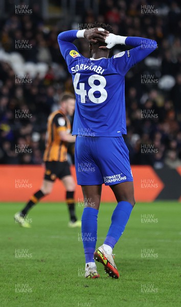 040223 - Hull City v Cardiff City - Sky Bet Championship - Sory Kaba of Cardiff reacts to putting the ball over the top of goal