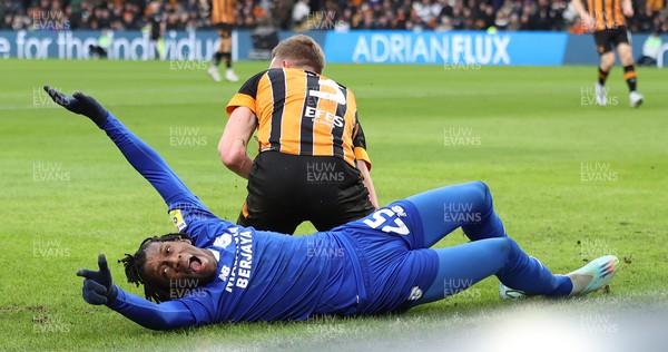 040223 - Hull City v Cardiff City - Sky Bet Championship - Jaden Philogene of Cardiff after being brought down for a penalty by Callum Elder of Hull City