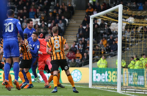 280418 - Hull City v Cardiff City - SkyBet Championship - Sean Morrison of Cardiff City scores a goal