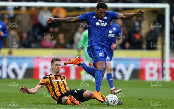 280418 - Hull City v Cardiff City - SkyBet Championship - Nathaniel Mendez-Laing of Cardiff City is tackled by Markus Henriksen of Hull
