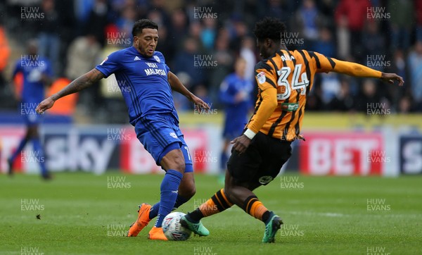 280418 - Hull City v Cardiff City - SkyBet Championship - Nathaniel Mendez-Laing of Cardiff City is challenged by Ola Aina of Hull