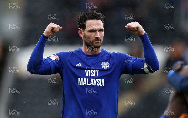 280418 - Hull City v Cardiff City - SkyBet Championship - Sean Morrison of Cardiff City celebrates with fans at full time
