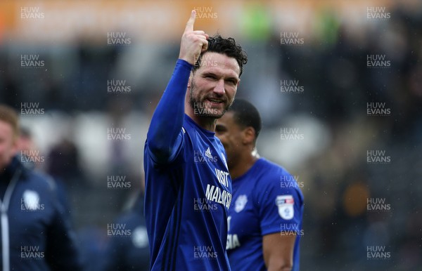 280418 - Hull City v Cardiff City - SkyBet Championship - Sean Morrison of Cardiff City celebrates with fans at full time