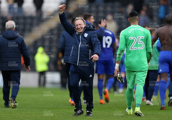 280418 - Hull City v Cardiff City - SkyBet Championship - Cardiff Manager Neil Warnock celebrates with fans at full time