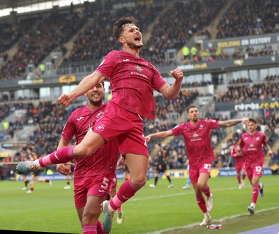 100224 - Hull City v Swansea City - Sky Bet Championship - Liam Cullen  of Swansea celebrates scoring the 1st goal with Ben Cabango of Swansea