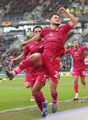 100224 - Hull City v Swansea City - Sky Bet Championship - Liam Cullen  of Swansea celebrates scoring the 1st goal with Ben Cabango of Swansea