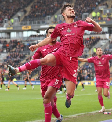 100224 - Hull City v Swansea City - Sky Bet Championship - Liam Cullen  of Swansea celebrates scoring the 1st goal with Ben Cabango of Swansea