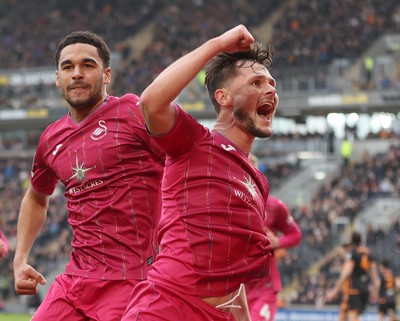 100224 - Hull City v Swansea City - Sky Bet Championship - Liam Cullen  of Swansea celebrates scoring the 1st goal with Ben Cabango of Swansea