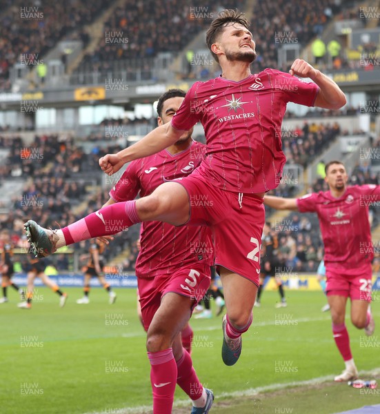 100224 - Hull City v Swansea City - Sky Bet Championship - Liam Cullen  of Swansea celebrates scoring the 1st goal with Ben Cabango of Swansea