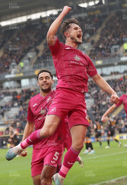 100224 - Hull City v Swansea City - Sky Bet Championship - Liam Cullen  of Swansea celebrates scoring the 1st goal with Ben Cabango of Swansea