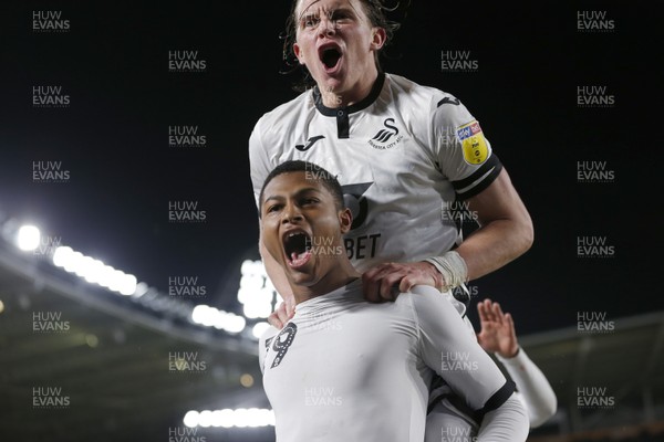 140220 - Hull City v Swansea City - Sky Bet Championship -  Rhian Brewster of Swansea celebrates scoring his team's 4th goal with Conor Gallagher (top)