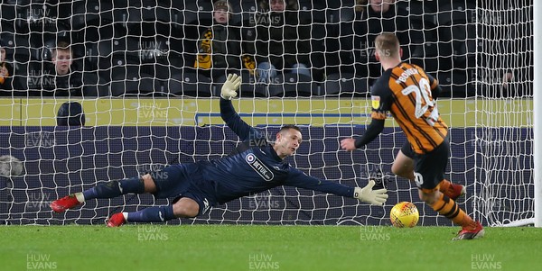 221218 - Hull City v Swansea City - Sky Bet Championship - Erwin Mulder of Swansea saves the penalty from Jarrod Bowen of Hull City 