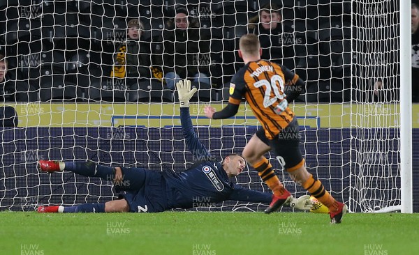 221218 - Hull City v Swansea City - Sky Bet Championship - Erwin Mulder of Swansea saves the penalty from Jarrod Bowen of Hull City 