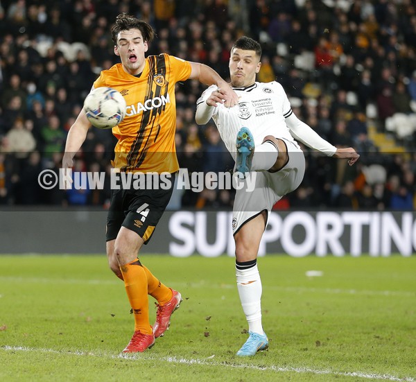 290122 - Hull City v Swansea City - Sky Bet Championship - Joel Piroe of Swansea puts the ball in the net but disallowed as offside also in pic Jacob Greaves of Hull City