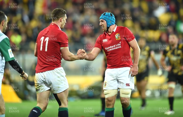 270617 - Hurricanes v British & Irish Lions - George North of British & Irish Lions celebrates his try with Justin Tipuric