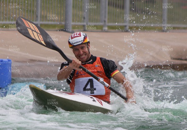 220613 - ICF Canoe Slalom World Cup Day 2-Pictured is Fabian Doerfler of Germany in the K1 Mens Finals at the Canoe Slalom World Cup, Cardiff International White Water Centre