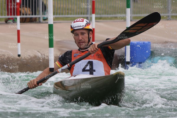 220613 - ICF Canoe Slalom World Cup Day 2-Pictured is Fabian Doerfler of Germany in the K1 Mens Finals at the Canoe Slalom World Cup, Cardiff International White Water Centre