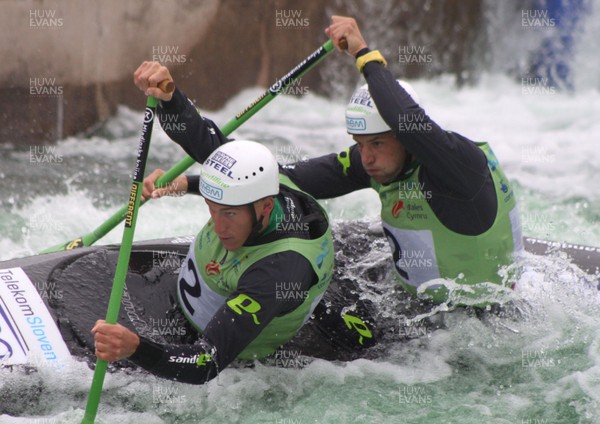 230613 - ICF Canoe Slalom World Cup Day 3-Luka Bozic and Saso Taljat in the C2 Mens Double Final at the Canoe Slalom World Cup, Cardiff International White Water Centre