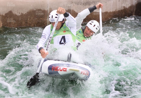 230613 - ICF Canoe Slalom World Cup Day 3-David Florence and Richard Hounslow in the C2 Mens Double Final at the Canoe Slalom World Cup, Cardiff International White Water Centre