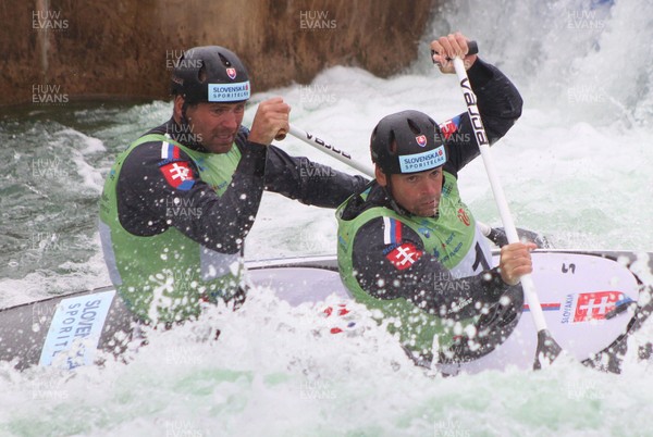 230613 - ICF Canoe Slalom World Cup Day 3-Pavol Hochschorner and Peter Hochschorner in the C2 Mens Double Final at the Canoe Slalom World Cup, Cardiff International White Water Centre