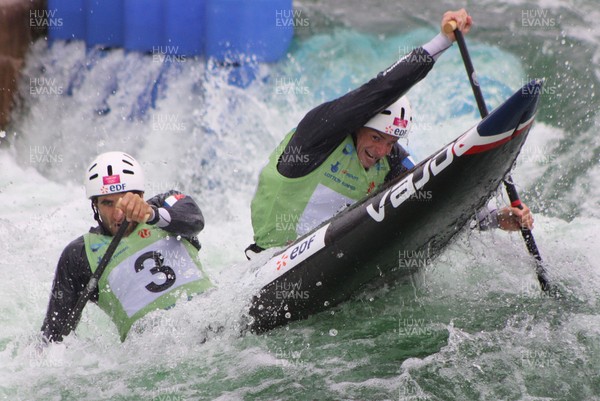 230613 - ICF Canoe Slalom World Cup Day 3-Gauthier Klauss and Matthieu Peche in the C2 Mens Double Final at the Canoe Slalom World Cup, Cardiff International White Water Centre